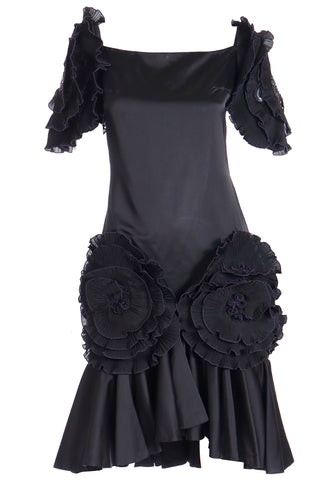 1980s Zandra Rhodes London Vintage Black Silk Blend Evening Dress