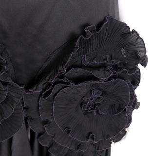 1980s Zandra Rhodes London Vintage Black Silk Blend Evening Dress Crinkled pleated rosettes