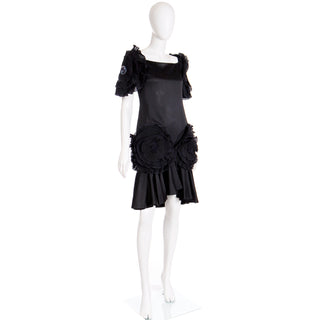 1980s Zandra Rhodes London Vintage Black Silk Blend Evening Dress w pleated rosettes
