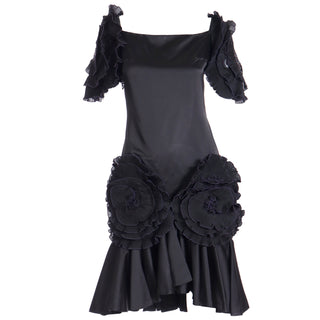 1980s Zandra Rhodes London Vintage Black Silk Blend Evening Dress Dramatic Lettuce edge rosettes