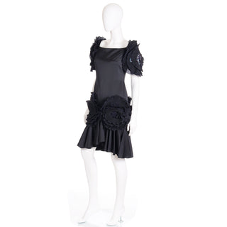 1980s Zandra Rhodes London Vintage Black Silk Blend Evening Dress w beads & sequins