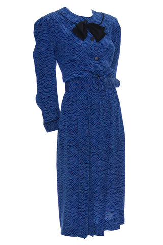 Albert Nipon Blue Abstract Dot Silk Dress With Bow Original Belt - Dressing Vintage