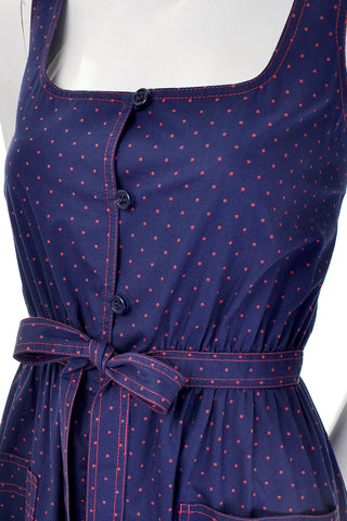Vintage Albert Nipon Navy Blue & Red Polka Dot Dress w Kerchief Scarf 70s maxi