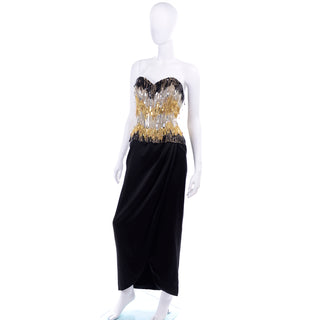 Ann Lawrence 1980s Vintage Gold Silver Black Beaded evening Dress