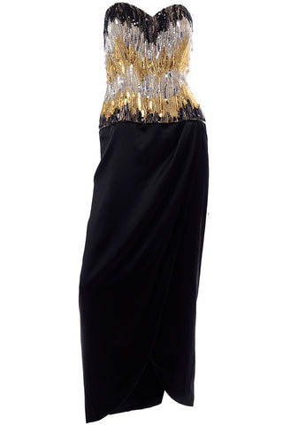 Ann Lawrence 1980s Vintage Gold Silver Black Beaded Dress