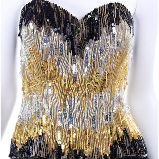 Ann Lawrence 1980s Vintage Gold Silver Black Beaded & Crystals Dress