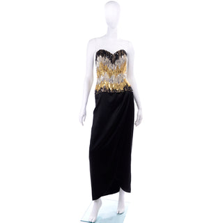 Ann Lawrence 1980s Vintage Gold Silver Black Strapless Beaded Dress
