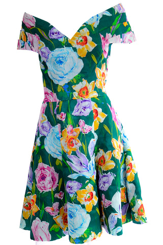 1980s Arnold Scaasi Vintage Dress Off Shoulder in Floral Organza Green silk