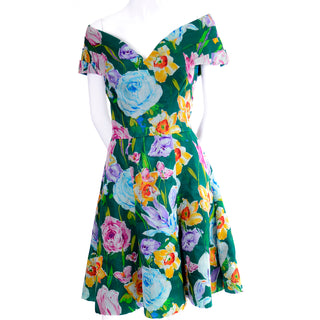 1980s Arnold Scaasi Vintage Dress Off Shoulder in Floral Organza Green silk  print