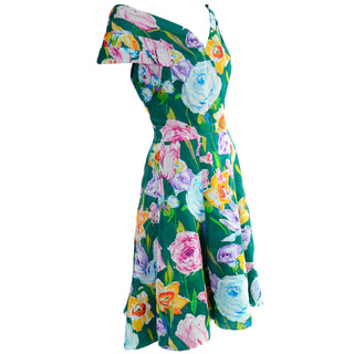 1980s Arnold Scaasi Vintage Dress Off Shoulder in Floral Organza Green silk 80s