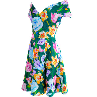 1980s Arnold Scaasi Vintage Dress Off Shoulder in Floral Organza Green silk 6/8