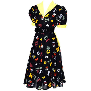 Black and Yellow Vintage Novelty Print Dress with Numbers and Letters