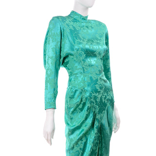1980's Green Damask Floral Dress w/ Open Back & High Neck 4/6