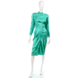 1980's Green Damask Floral Dress w/ Open Back & High Neck 4/6