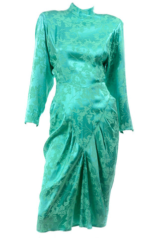 1980s Green Damask Silk Dress