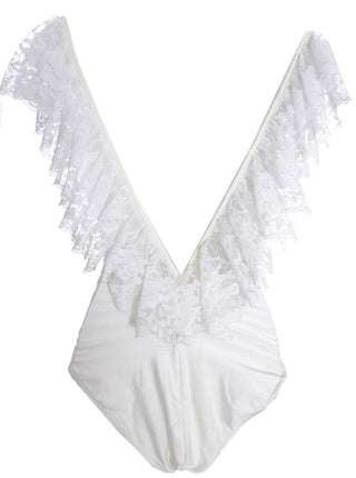 1980s Bill Blass Vintage One Piece Swimsuit with White Lace Skirt Small - Dressing Vintage