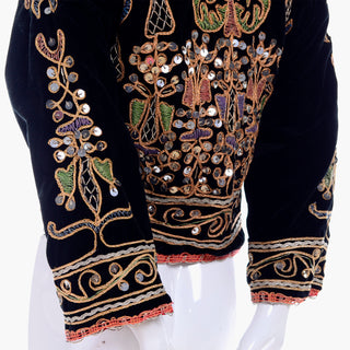 black velvet vintage jacket with ornate embroidery and silver paillettes