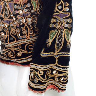 Ethnic black velvet vintage jacket colorful metallic embroidery and silver paillettes