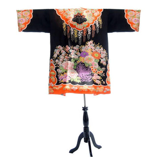 Black and Orange Vintage Silk Kimono