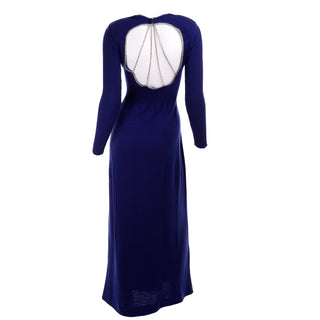 Vintage 1970s Blue Knit Evening Dress W Open Back & Rhinestones