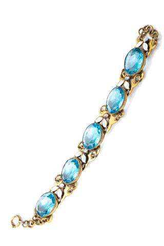 Art Nouveau Vintage Aquamarine Enamel Open Back Bracelet - Dressing Vintage