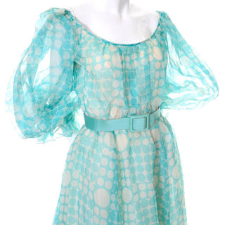 Vintage 1970s Bob Mackie Roy Aghayan Blue Polka Dot Organza Dress w/ Puff Sleeves