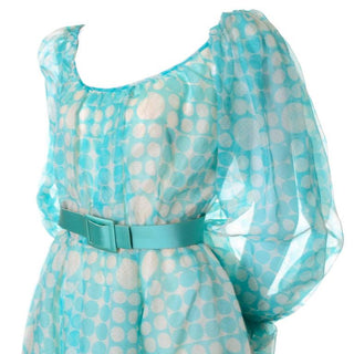 Vintage 1970s Bob Mackie Roy Aghayan Blue Dot Organza Dress w/ Puff Sleeves & Satin Belt