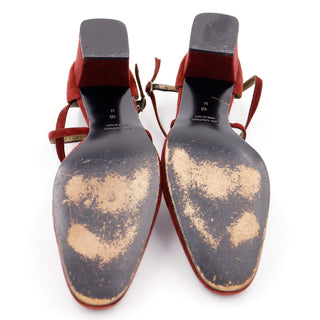 1990s Yves Saint Laurent Vintage Burgundy Suede Cross Strap Block Heel Shoes Sz 10 Made in Italy