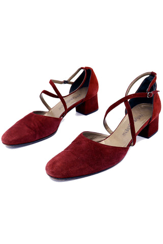 1990s Yves Saint Laurent Vintage Burgundy Suede Cross Strap Block Heel Shoes 10