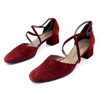 1990s Yves Saint Laurent Vintage Burgundy Suede Cross Strap Block Heel Shoes Size 10 YSL