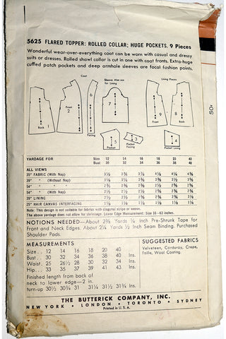 Butterick 5625 Vintage Topper Coat Pattern 1950s