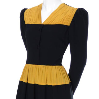 Carolina Herrera Pleated Wool Crepe Vintage Dress w/ Pleated Marigold Silk