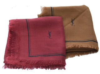 2 Vintage Yves Saint Laurent Cashmere Silk Scarves Red and Brown - Dressing Vintage
