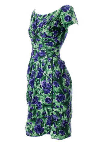 Ceil Chapman dress in blue in vintage green floral silk