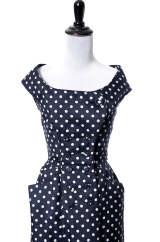 Ceil Chapman Vintage Dress Navy Silk Polka Dots SOLD - Dressing Vintage