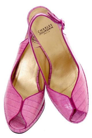 Charles Jourdan Shoes Purple Pink Alligator Embossed Leather Peep Toe 9 - Dressing Vintage