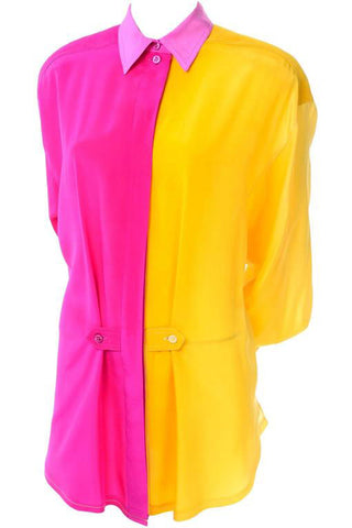 1980s Escada Silk Yellow & Pink Color Block Blouse w/ Ombre Back