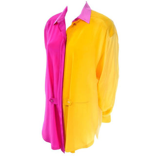 1980s Escada Silk Yellow & Pink Color Block Blouse w/ Ombre Back
