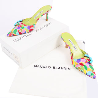 Manolo Blahnik Bold Colorful Pointed Toe Mules W Blue Buckles with bag & box