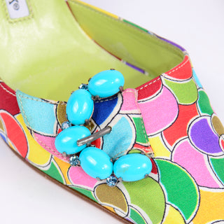 Manolo Blahnik Bold Colorful Pointed Toe Mules W Blue Buckles Abstract print