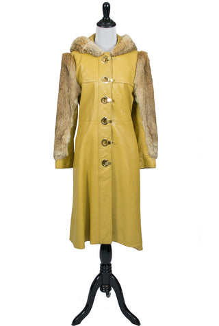 Dan Di Modes Yellow Vintage Leather Coat with Fur Trim and Hood - Dressing Vintage