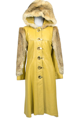 Dan Di Modes Yellow Vintage Leather Coat with Fur Trim and Hood - Dressing Vintage