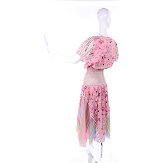 1980s Diane Freis Pink Pastel Seersucker Cotton Dress & Scarf w/ Floral & Stripes