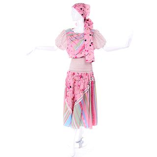 1980s Diane Freis Pink Pastel Seersucker Cotton Dress & Scarf w/ Floral & Stripes