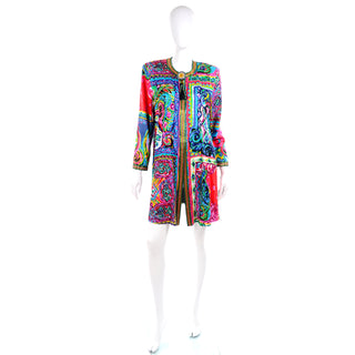 80s Vintage Diane Freis Beaded Cotton Abstract Print Jacket W Beads and Sequins