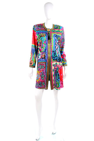 Colorful Vintage Diane Freis Beaded Cotton Abstract Print Jacket W Beads and Sequins