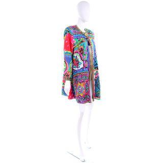 Bright Vintage Diane Freis Beaded Cotton Abstract Print Jacket W Beads and Sequins