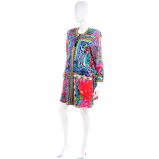 1980s Vintage Diane Freis Beaded Cotton Abstract Print Jacket W Beads and Sequins