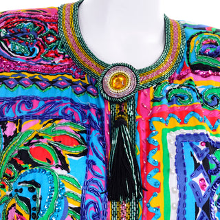 Rare Vintage Diane Freis Beaded Cotton Abstract Print Jacket W Beads and Sequins