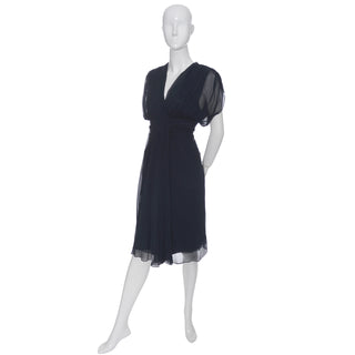 Diane Von Furstenberg Silk Chiffon Dress Navy Blue Grecian Draping NEW - Dressing Vintage